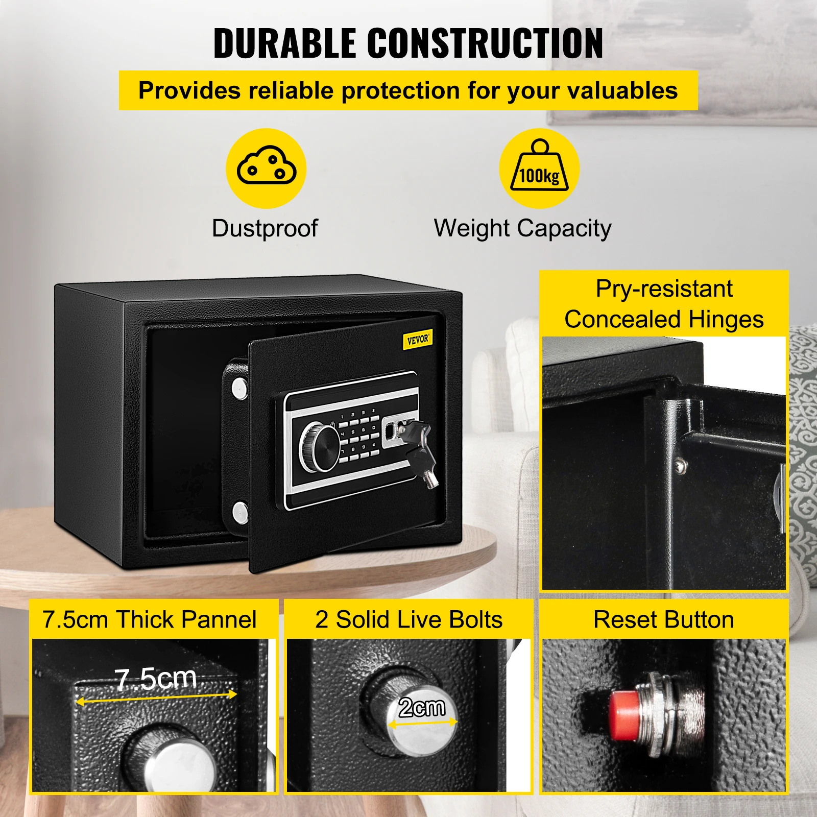 VEVOR Fingerprint Locks Safe Deposit Box 0.8/1.7/2.1 Cubic Feet Digital Electronic Secret Hidden Piggy Bank for Store Money Guns - Image 4